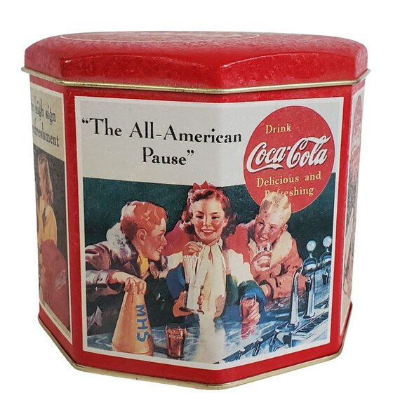 Vintage Coca-Cola Octagon Tin Classic 1950s Artwork 5.5" Collectible Storage - Picture 1 of 4